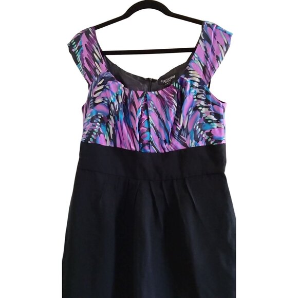 Perceptions New York Size 12 Dress Black Skirt Multicolor Print Cap Sleeves Back - Picture 3 of 10